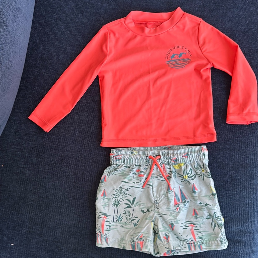18 month long sleeve rash guard too with swim trunks